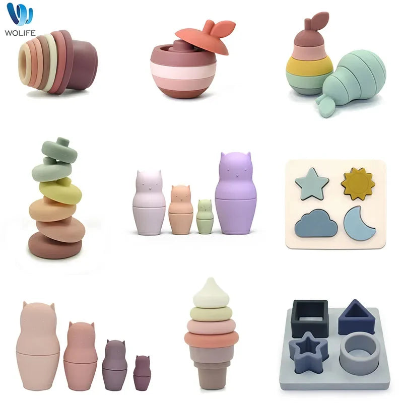 Silicone Building Block Cartoon 3D Folding Soft Block Baby Silicone Teether BPA Free Baby Montessori Educational Toys Child Gift