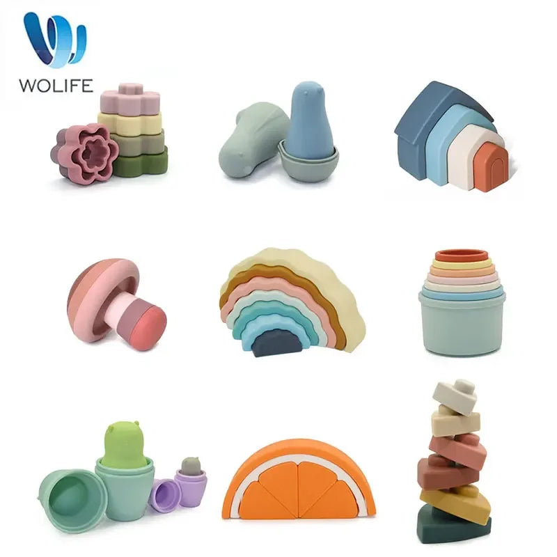 Silicone Building Block Cartoon 3D Folding Soft Block Baby Silicone Teether BPA Free Baby Montessori Educational Toys Child Gift